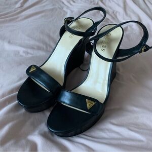 Guess Black Leather Wedge Sandals